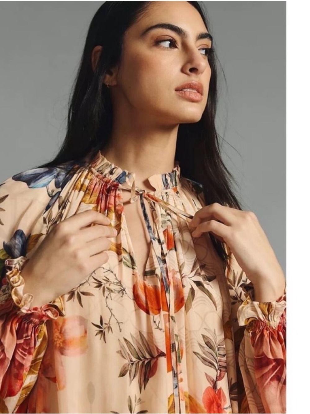 Anthropologie Siddhartha Bansal Dress Neck-Tie Sequin Maxi in Peach Floral - Picture 2 of 8